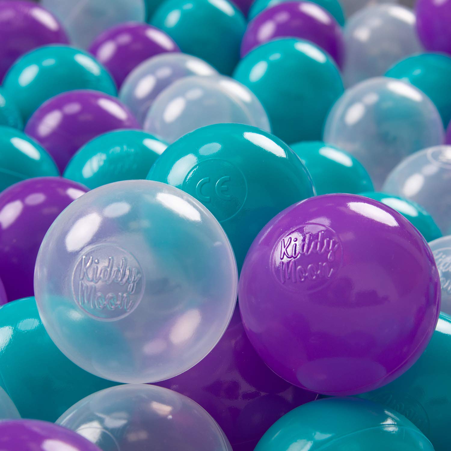 KiddyMoon Soft Plastic Play Balls 50 Balls/7Cm-2.75In Multi-Colour Made In EU, Turquoise/Purple/Transparent — image 1