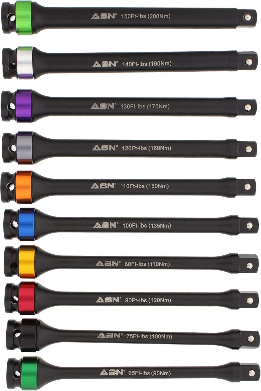 ABN 1/2in Drive 8in Long Color-Coded Torque Limiting Socket Extension Bar 10pc Tool Kit 65-150 ft/lb Set