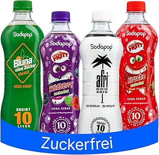 Sodapop Sirup Bundle Zuckerfrei, FRITT Wildberry, FRITT Kirsche, Bluna Orange ohne Zucker, afri cola Zero, Getränkekonzentrat, einfach und schnell, 4 x 500 ml
