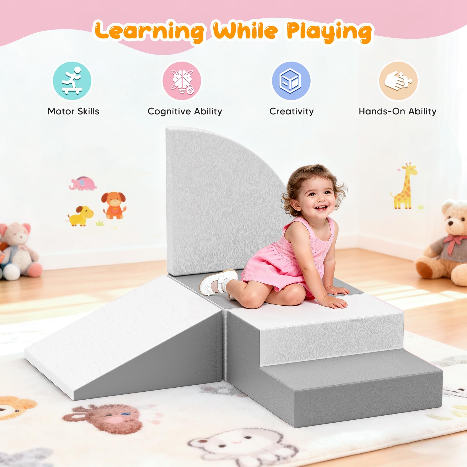 Bloques de Juego de Escalada de Espuma de 4 Piezas, combinables con Cierre de, Juguete Educativo para el Desarrollo de Interiores y guarderías (Gris y Blanco)