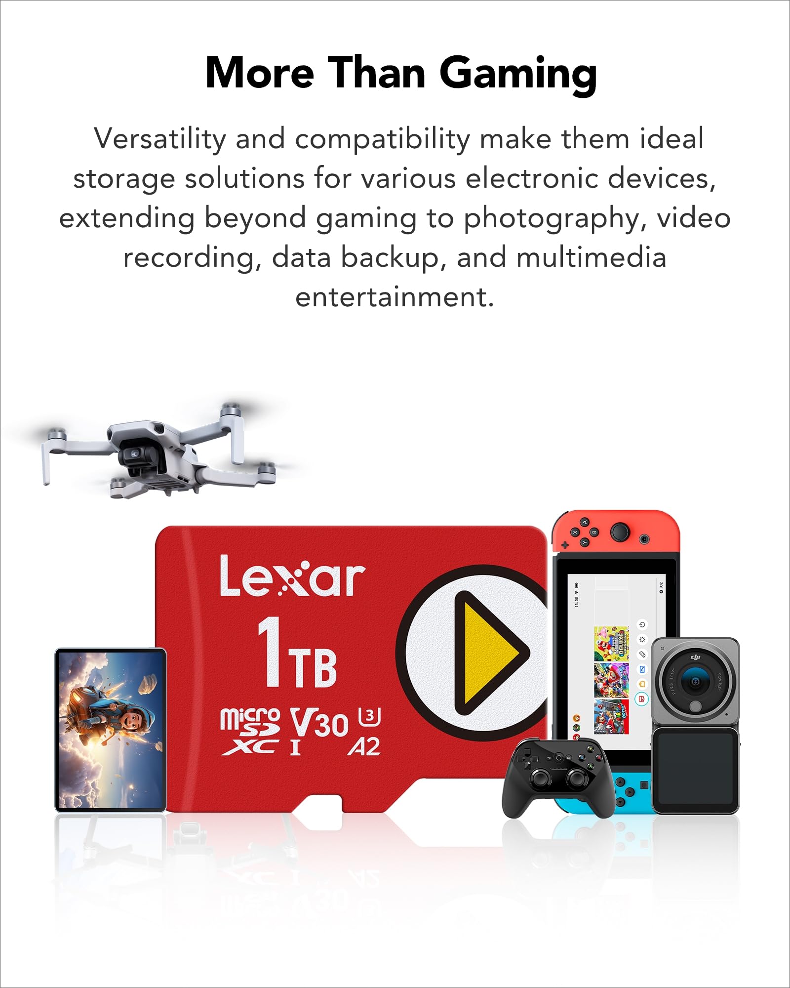 Lexar Play Carte Micro SD 1To, microSDXC UHS-I, jusqu'à 205 Mo/s Lecture, 140 Mo/s écriture, Classe 10, U3, V30, A2, vidéo 4K, Carte Haute Vitesse pour Switch/appareils de Jeu Portables/Smartphones
