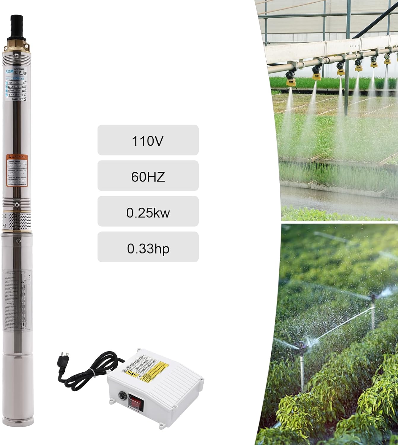 Deep Well Submersible Pump, 110V Stainless Steel Transfer Water Pump w/control box Irrigation Pump,Gas Powered Shallow Well Pump for Industrial, Home(0.25KW(0.33HP))