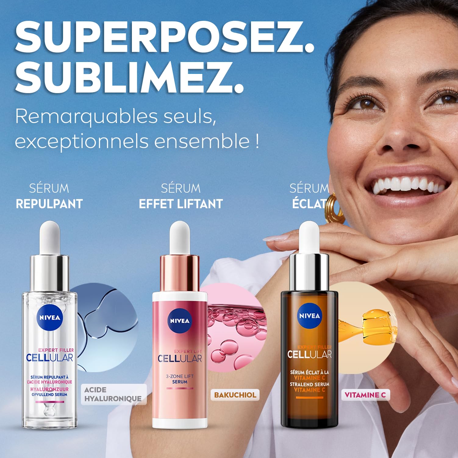NIVEA - Coffret Routine Sérum Layering Soin Visage Anti-Âge Cellular Expert - Trio de Sérums : 3 Zones + Acide Hyaluronique + Vitamine C - Tous Types de Peaux - 3 x 30 ml