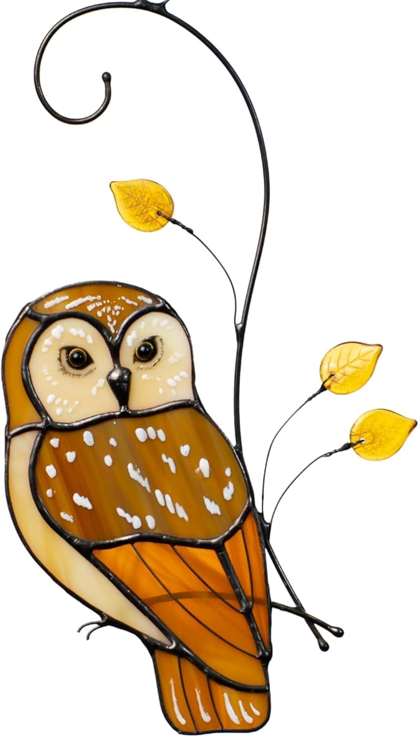 Owl on The Branch Stained Glass Suncatcher Genuine Stained Glass Window Hangings Unique Indoor Ornament & Outdoor Decor  (Owl on The Branch)