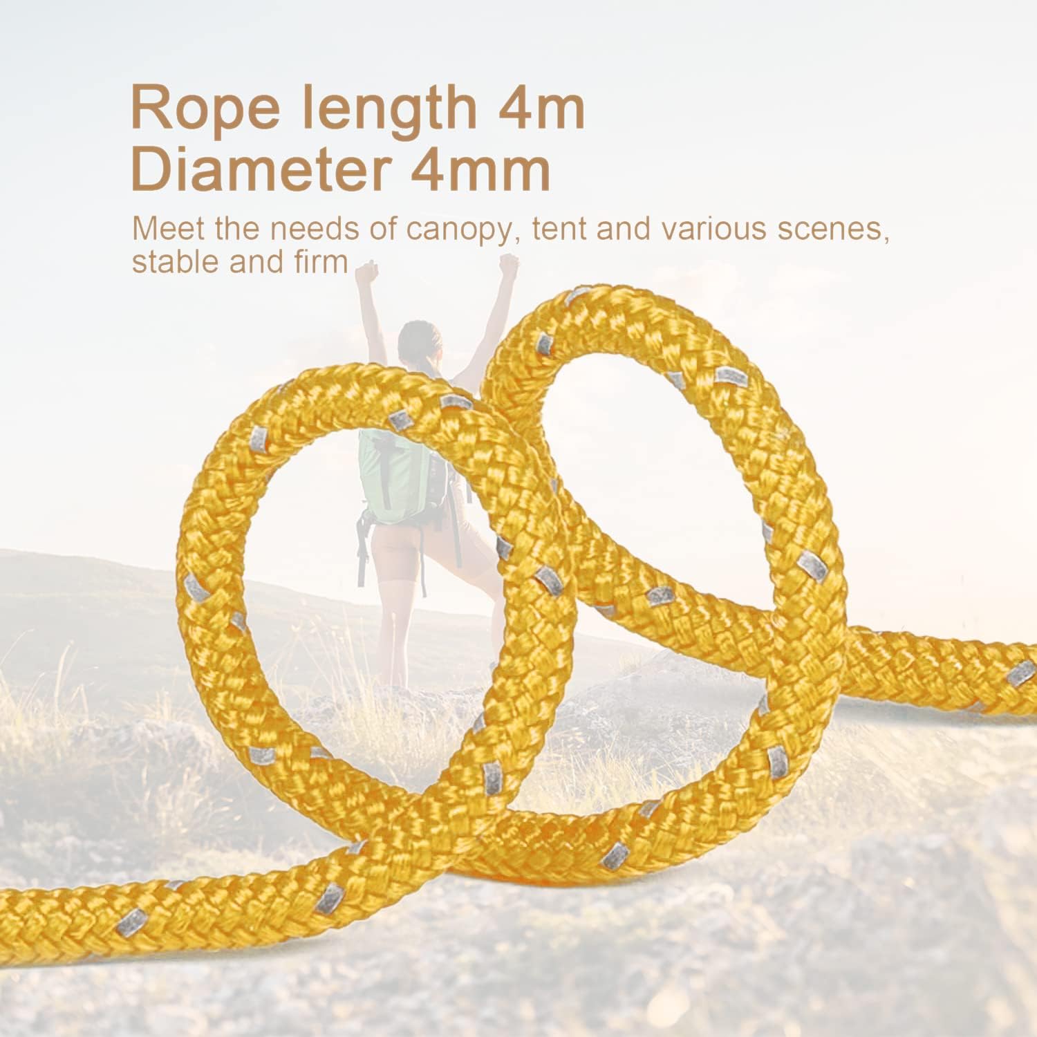 Smithok 8 Pack 4mm Guy Lines Ultralight Tent Cords with Aluminum Adjuster Tensioner Outdoor Camping Guylines Ropes for Tent Tarp,Camping,Hiking Backpacking (Yellow) image 2
