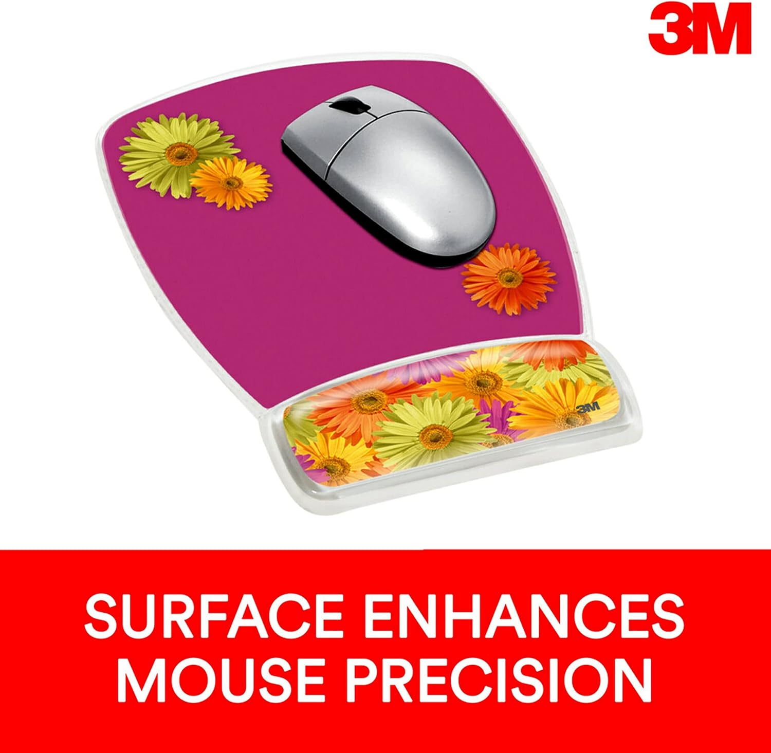 3M Precise Mouse Pad with Gel Wrist Rest, Soothing Gel Comfort with Durable, Easy to Clean Cover, Optical Mouse Performance, Daisy Design (MW308DS)