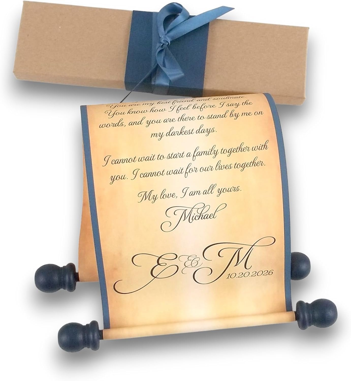 Antique Style Personalized Scroll – Custom Message Scroll with Gift Box and Ribbon – 5x13 aged paper (Dark Blue Accents)