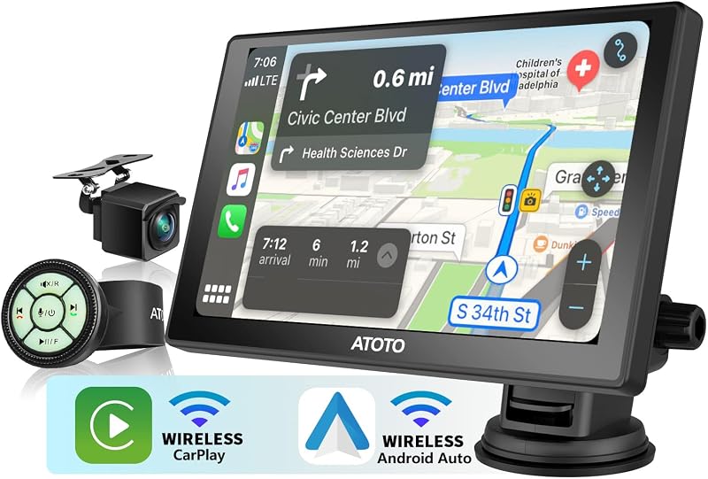 ATOTO P8 Hordozható 7" QLED Autós Navigáció 1080P Tolatókamerával, Vezeték Nélküli CarPlay és Android Auto, Távirányítás, Automata Fényerő,