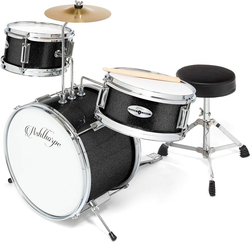 Juego completo de batería para niños de 3 piezas - Kit para principiantes con bajo de 14", trono ajustable, platillo, pedal y baquetas - Negro