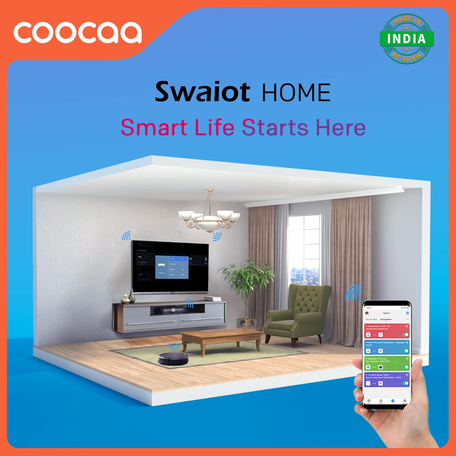 Illustration of a smart home setup with Coocaa TV as a central hub, controlled via a smartphone app.