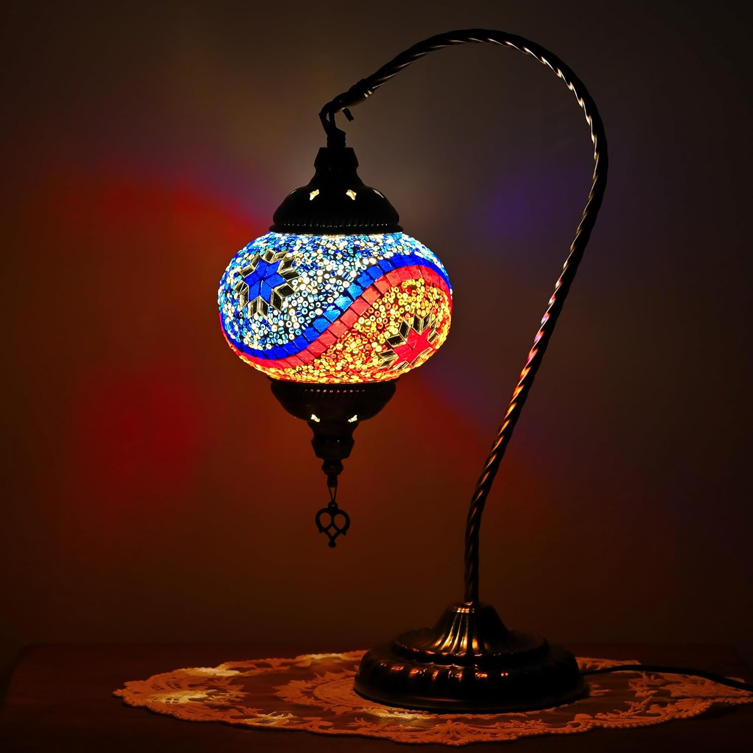 GOGERS Swan Neck Turkish Moroccan Lamp Handmade Stained Mosaic Glass Vintage Lamp Shade Bohemian Tiffany Style Bedside Night Lamp Lighting for Bedroom Living Room (Blue Red Colorful)