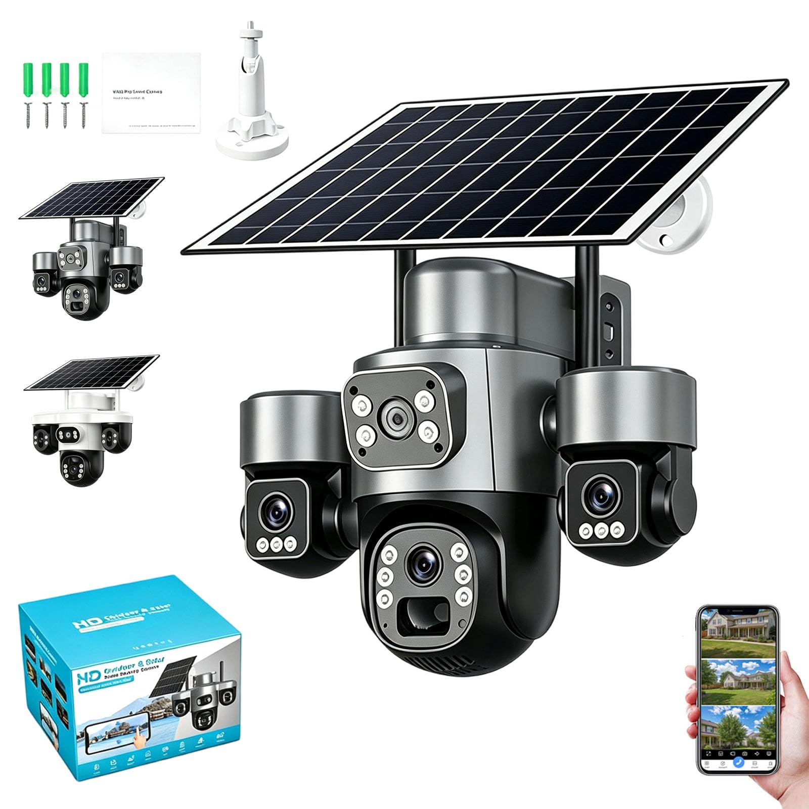 Caméra De Sécurité Solaire À Triple Objectif, Surveillance 3 Voies (A-4G)