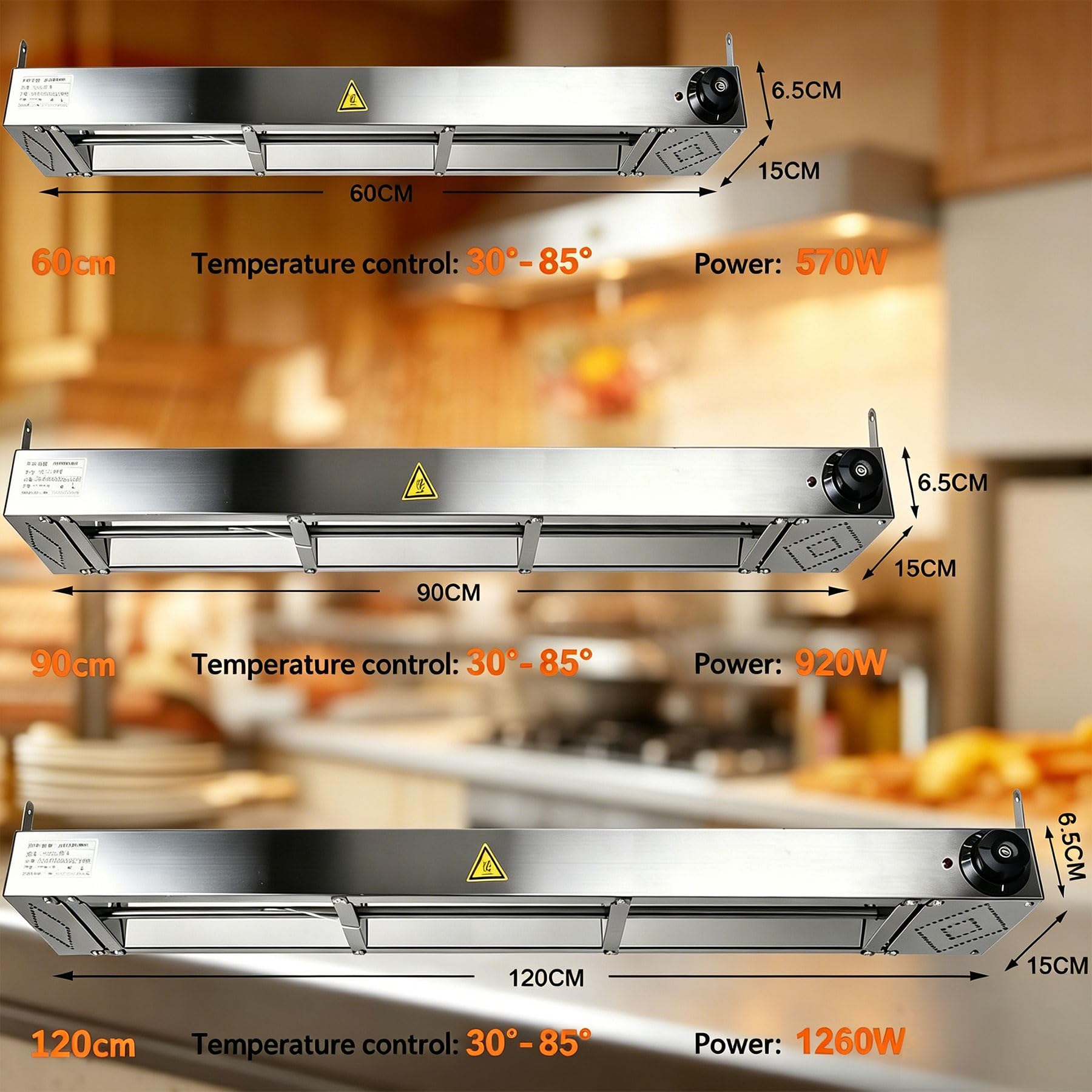 Wärmelampe Küche Gastro, Edelstahl Hängend Wärmelampe für Speisen (90cm) | Speisenwärmer Lampe mit Drehknopf-Temperaturregelung für Buffets und Hotels, Einstellbare Temperatur 30-85℃