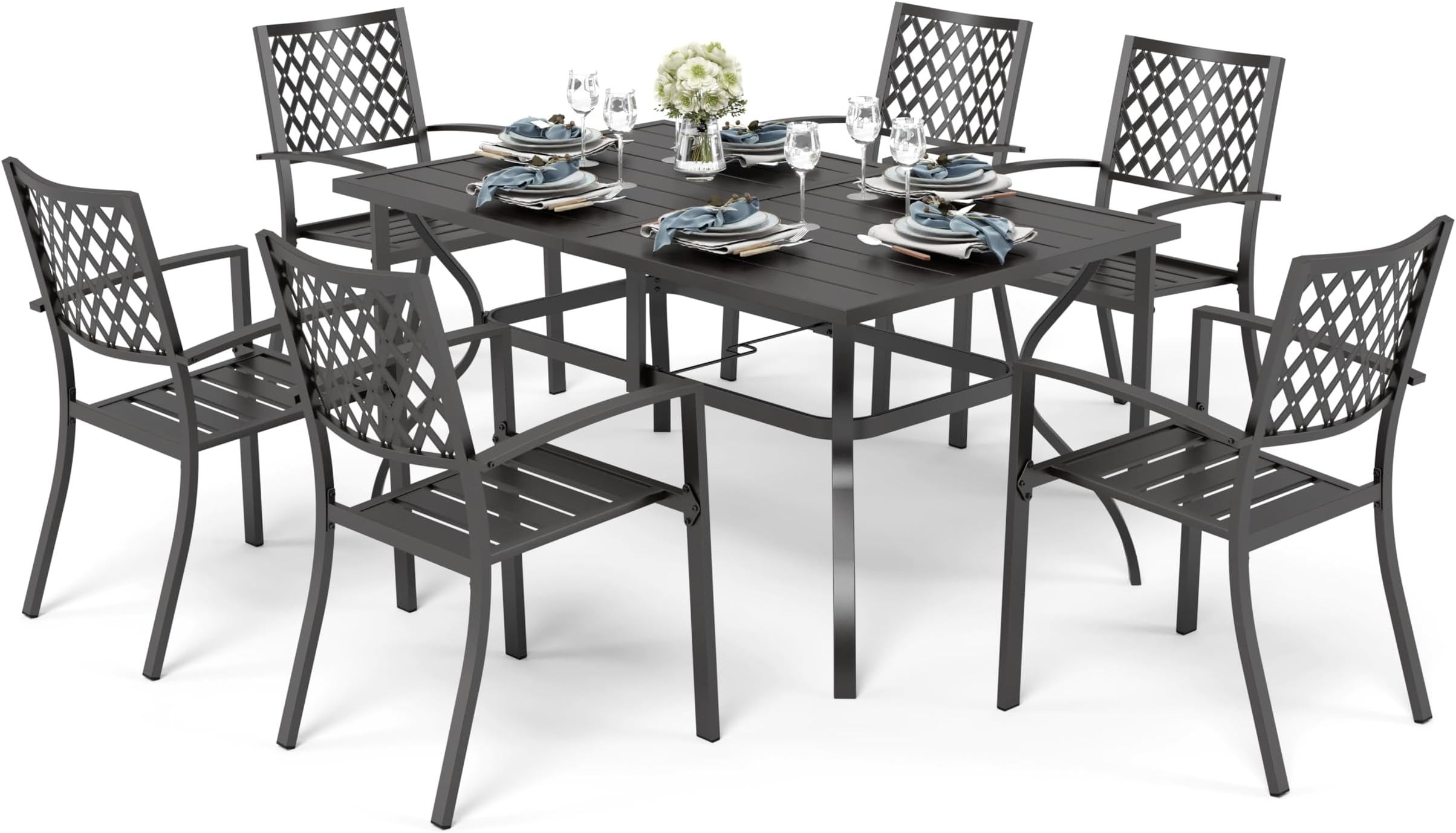 PHI VILLA Garden Table and Chairs Set of 6 Garden Furniture Sets Patio Table with 6 Garden Chairs Metal Outdoor Bistro Garden Furniture Sets for Deck, Yard, Balcony Weather-resistant