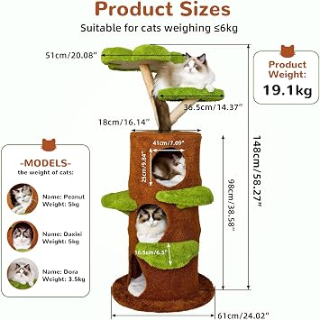 Modern Cat Tree Tower: 58Inch Tall Cat Tree for Large Cats with Multi Condos - Indoor Wood Cat Tree House Sturdy with Scratching Post
