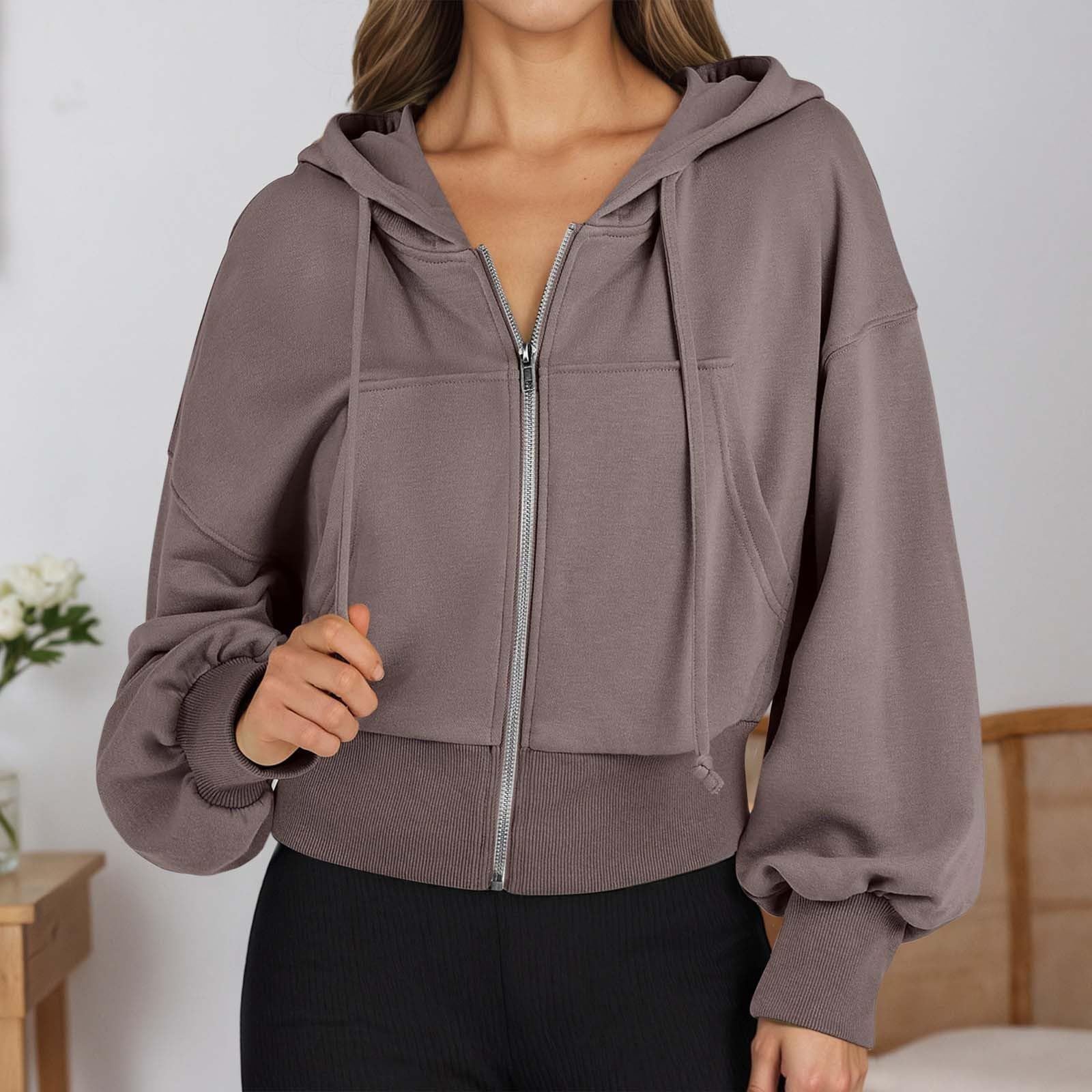 Generisch Felpa da donna a maniche lunghe con cappuccio e tasche alte e cerniera su tutta la lunghezza, traspirante, per l'uso quotidiano, vestibilità casual