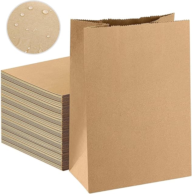 50pcs Gift Bags, 15X9X27cm Greaseproof Paper Food Bags, Pure Kraft Paper for Grocery, Snack, Lunch, Birthday, Xmas Party Supplier and Wedding (Thicken 80 g./m2)