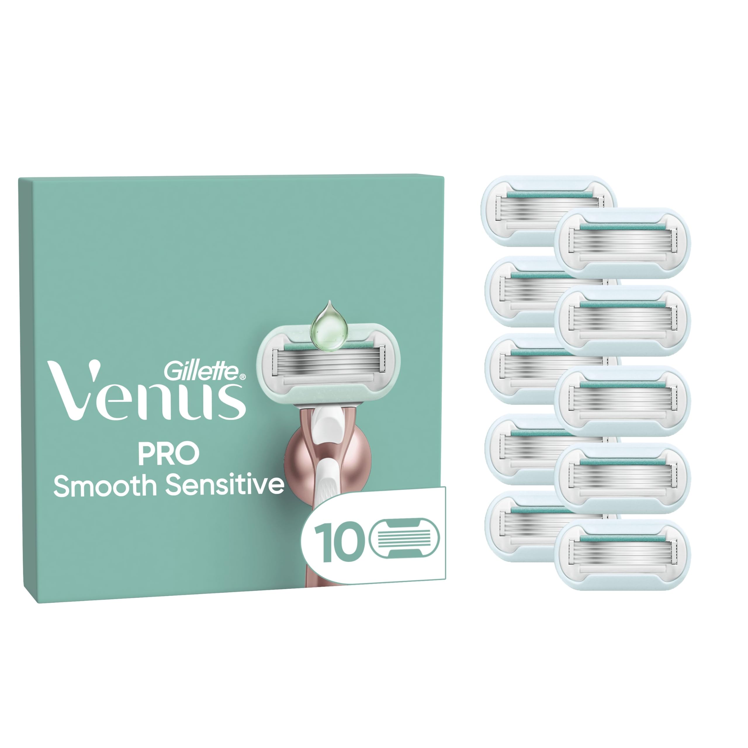 Gillette Venus Lames de Rasoir Femme, 10 Rechanges Pro Smooth Sensitive | Cartouche avec une Bande Lubrifiante, Technologie SkinElixir Conçue pour la Peau Sensible, 1 Recharge Jusqu’à 30 Jours