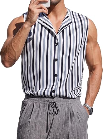 HAWILAND Mens Striped Sleeveless Button Up Shirts Collarless Textured Summer Casual Beach Cruise Festival Tank Top
