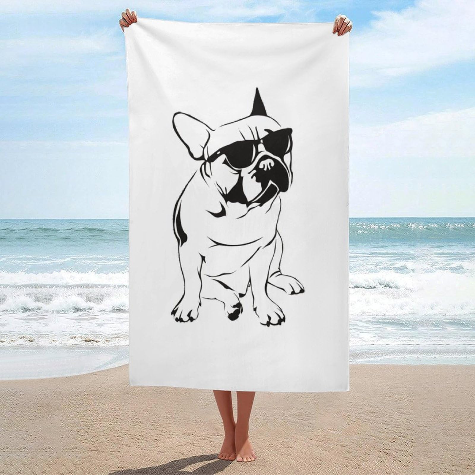 LEDFCVSU Beach Towel, French Bulldog Bath Towel, Absorbent Towel for Swimming, Sports, Travel