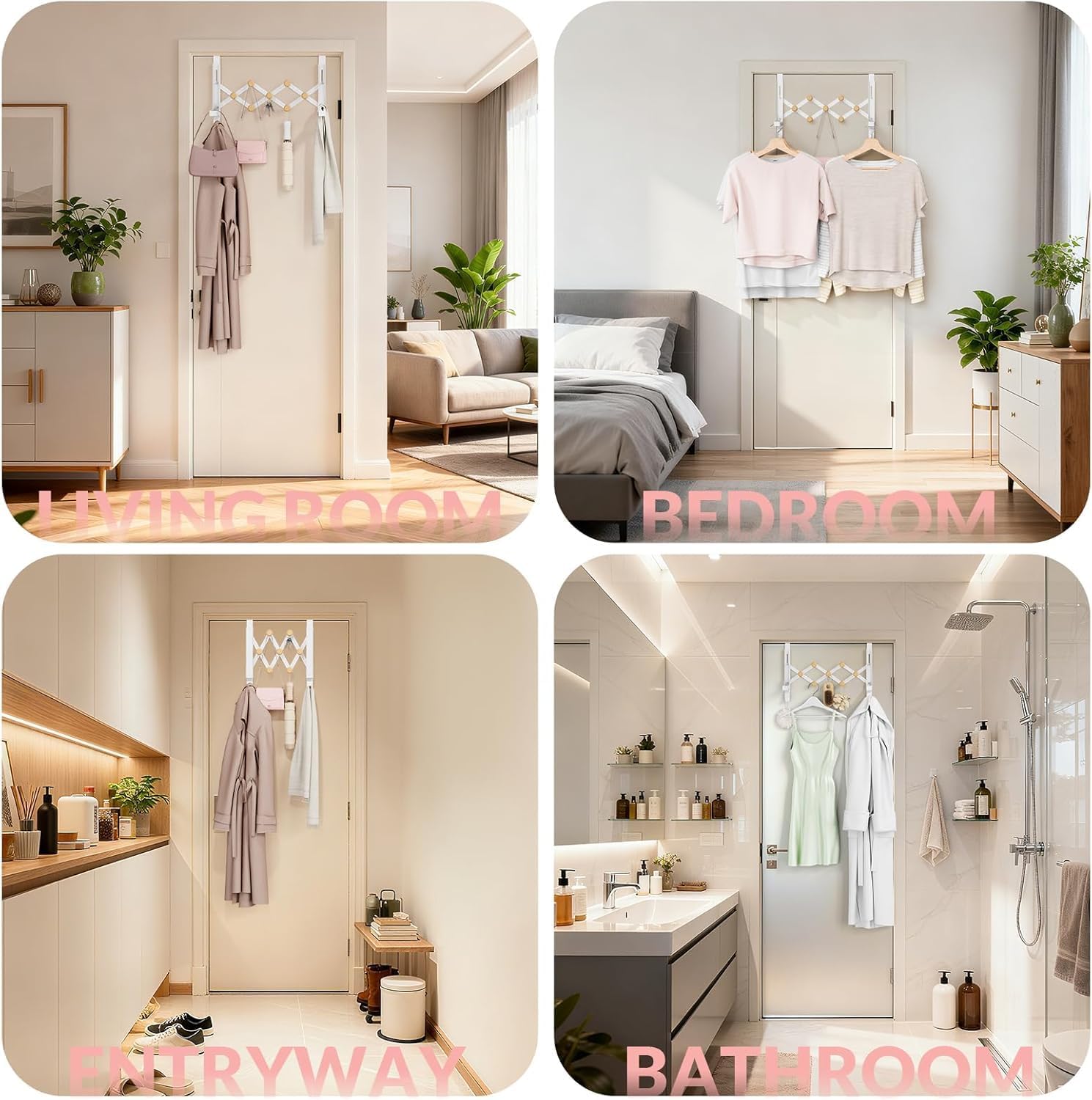 Over The Door Hanger for Laundry, Collapsible Over Door Hooks Foldable Clothes Drying Rack with 7 Wood Hooks for Hanging Clothes Coat, Door Towel Rack for Bedroom Dorm Bathroom Living Room