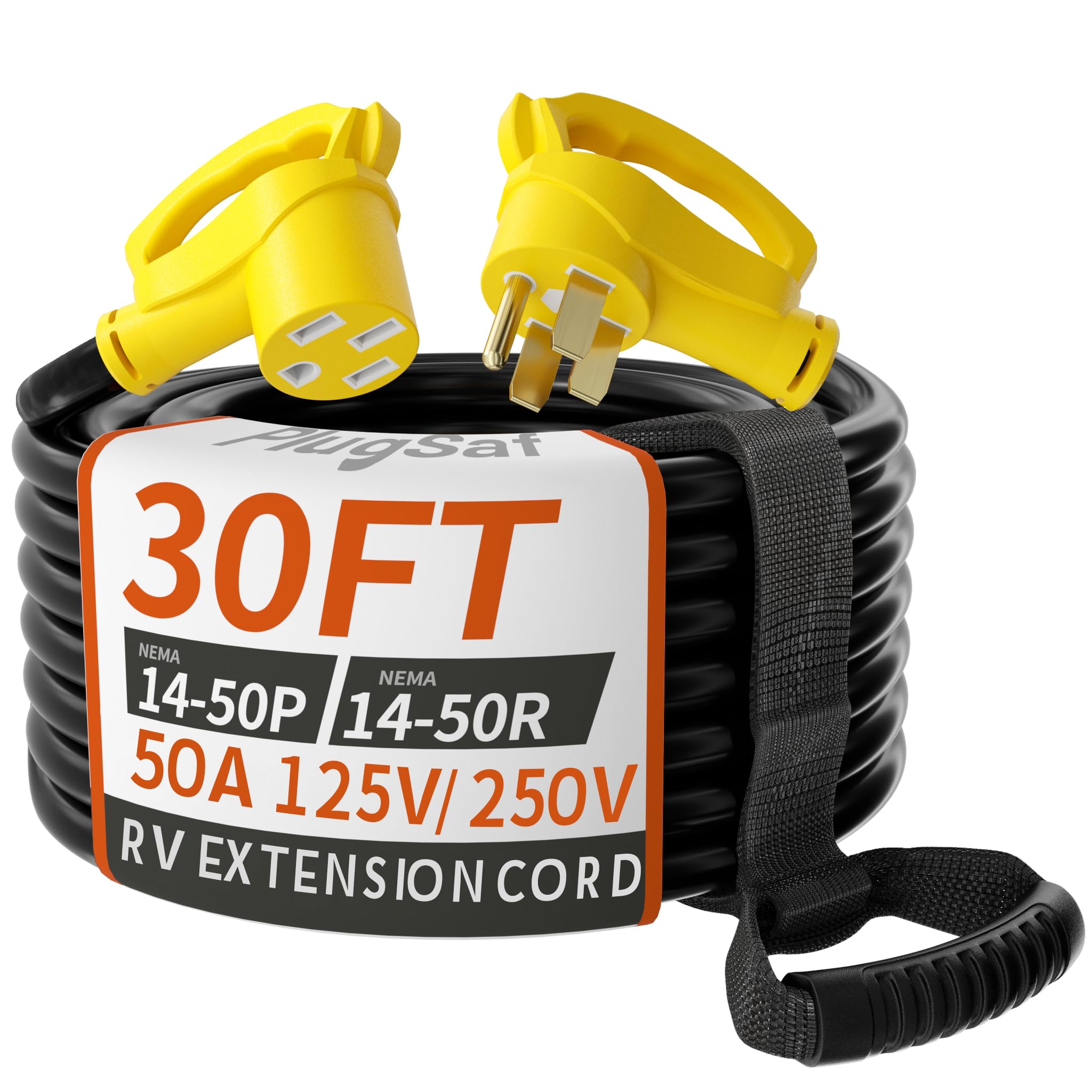 PlugSaf Cable de extensión RV/EV de 30 pies y 50 amperios para Exteriores con Mango de Agarre, Cable de alimentación Flexible de 4 Puntas Resistente Calibre 6/3+8/1 STW RV Impermeable, NEMA 14-50P a