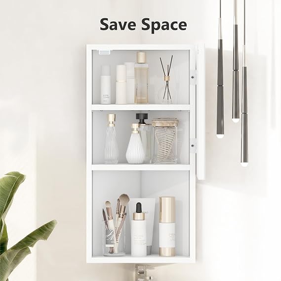 3 Shelves Corner Bathroom Mirror Cabinet,Wall Mounted Bathroom Cabinet | Single Door Wooden Storage Cupboardwith Mirror,Bathroom Storage Unit with Adjustable Shelf,Open Compartment,White,30x24x60cm