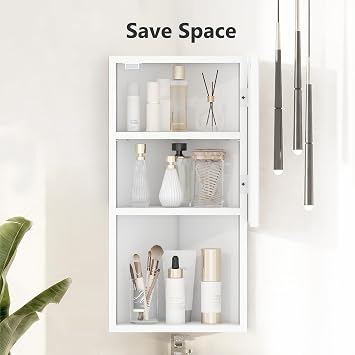 3 Shelves Corner Bathroom Mirror Cabinet,Wall Mounted Bathroom Cabinet | Single Door Wooden Storage Cupboardwith Mirror,Bathroom Storage Unit with Adjustable Shelf,Open Compartment,White,30x24x60cm