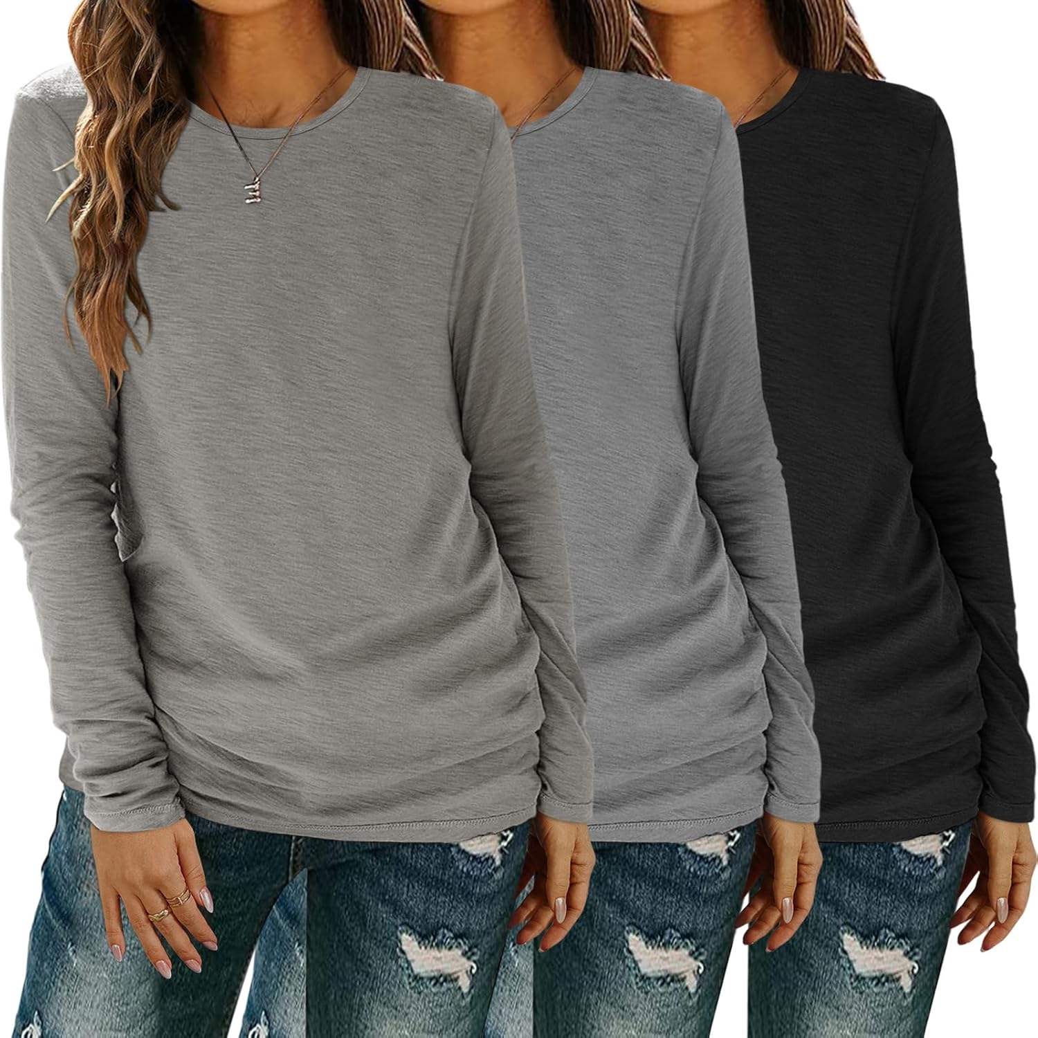 Long Sleeve Shirts for Women Pack Crewneck Basic Tee Tops Spring Casual Tshirts