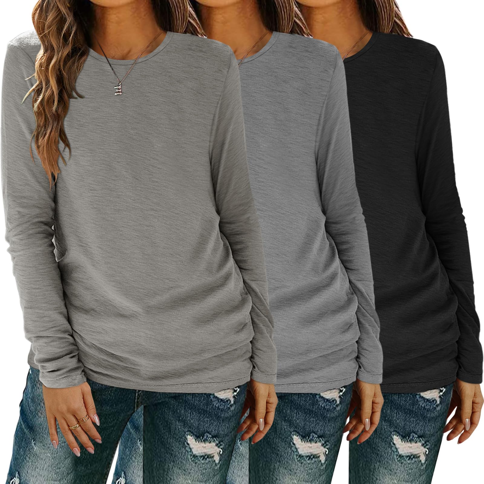 YGOODM Langarmshirt Damen, Casual Tshirt Fashion Oberteile Rundhalsausschnitt Tops Basic Lässige Longshirt