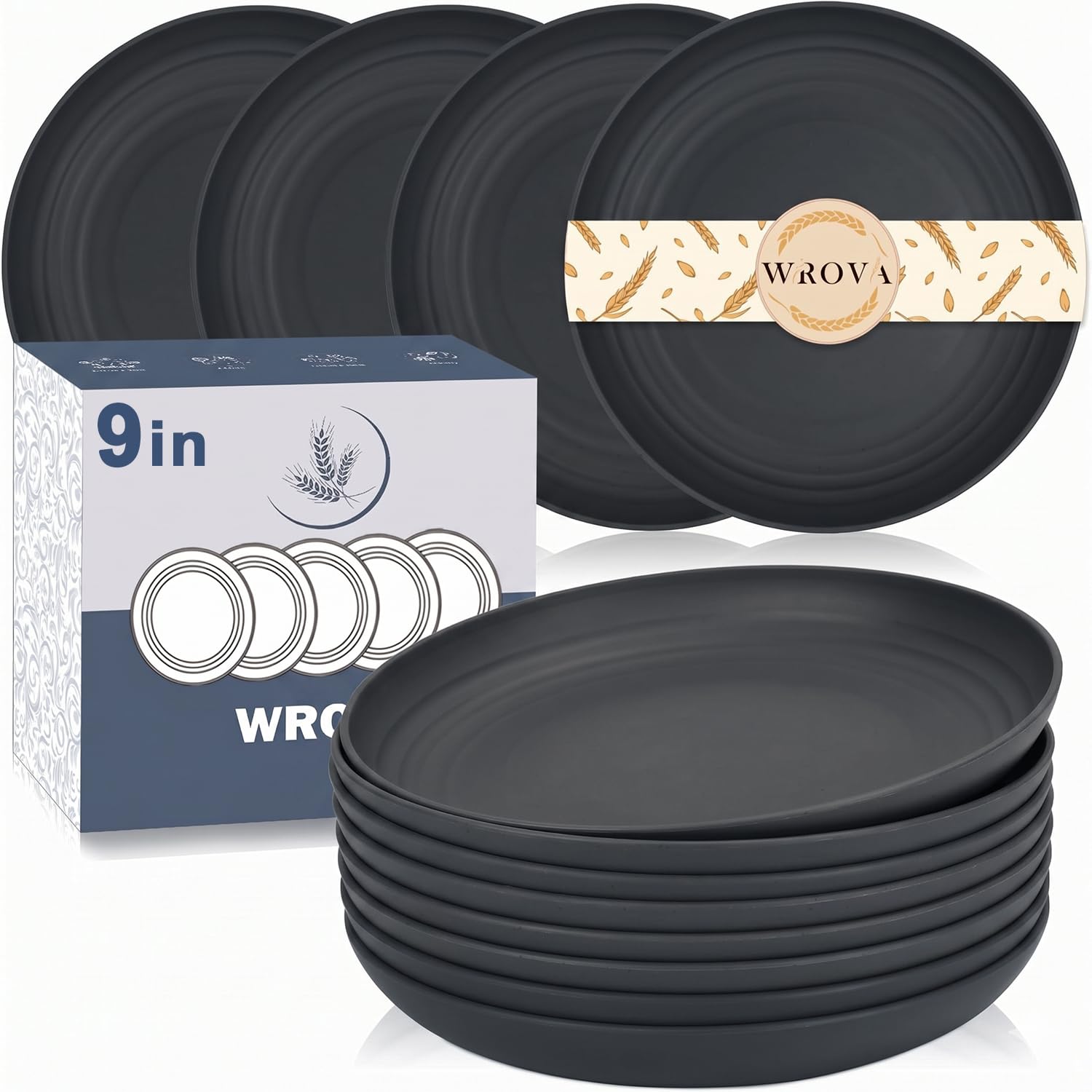 Wrova Unbreakable Plastic Plates Set of 8-9 Inch Deep Plates Set Reusable Dinner Plate - Dishwasher & Microwave Safe Plate - Lightweight Plate for Kitchen, Camping, RV - Darkgrey