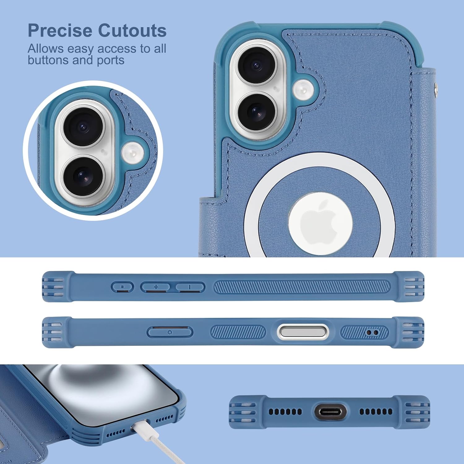 VANAVAGY Compatible for iPhone 16 Plus Wallet Case for Magsafe Wireless Charging, PU Leather Flip Case [Screen Protector & Camera Lens Protector] with Strap RFID Blocking Card Holder,Blue