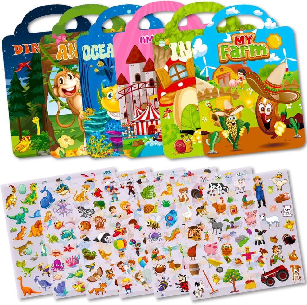6 Reusable Sticker Books for Toddlers 1-3 2-4 Years,300+ Stickers | Travel Toys for Road Trip & Airplane Essentials | Dinosaurs, Animals, Farms,Ocean,Insect,Amusement Park Theme Busy Book
