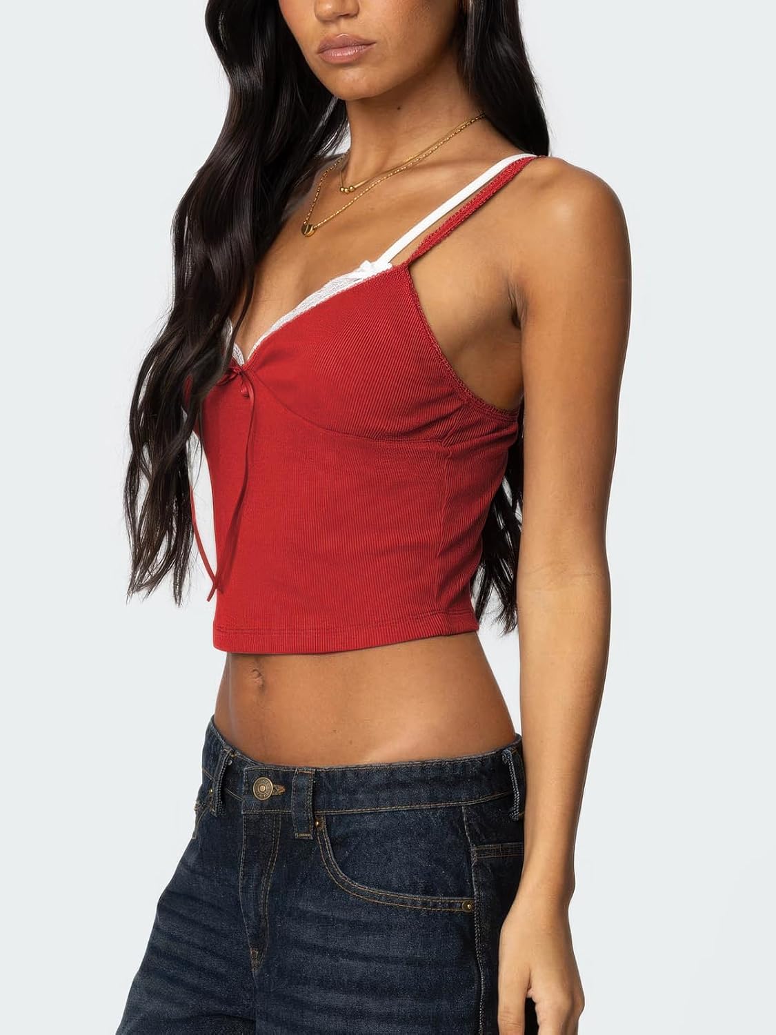 Women's Lace Bow Ribbed Spaghetti Strap Tank Top Cute V Neck Camisole Cropped Going Out Tops - Image 2