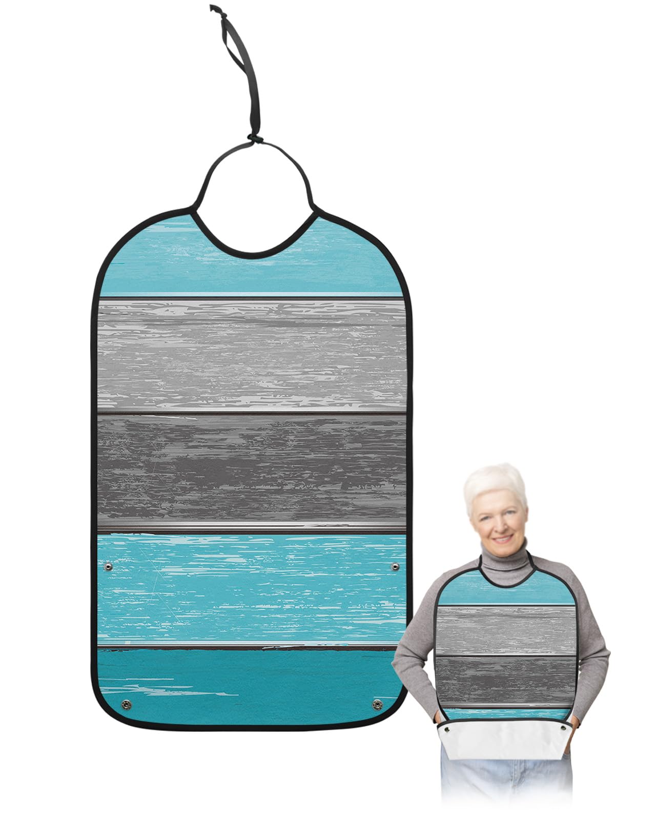 Aqua Grey Ombre Adult Bibs for Eating, Waterproof Bibs with Food Catcher & Adjustable Snap Closure, Farmhouse Wooden Striped Abstract Aesthetics Clothing Protectors Adult Bibs for Elderly Women/Men
