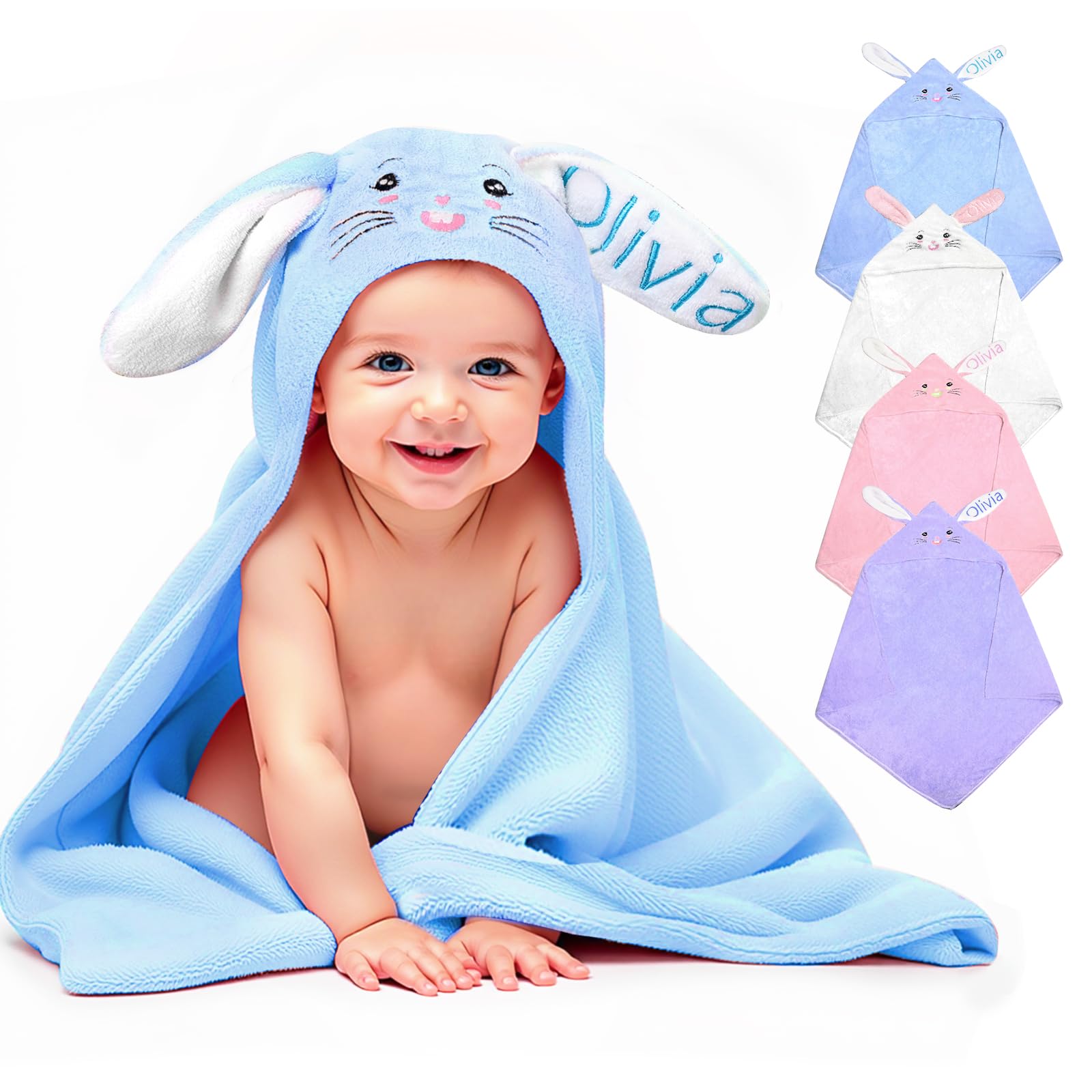 Baosity Custom Hooded Baby Towel with Name, Personalized Soft Absorbent Bunny Bath Towel, Shower Towels for Girls Boys, Easter Brithday for Kids, Baby