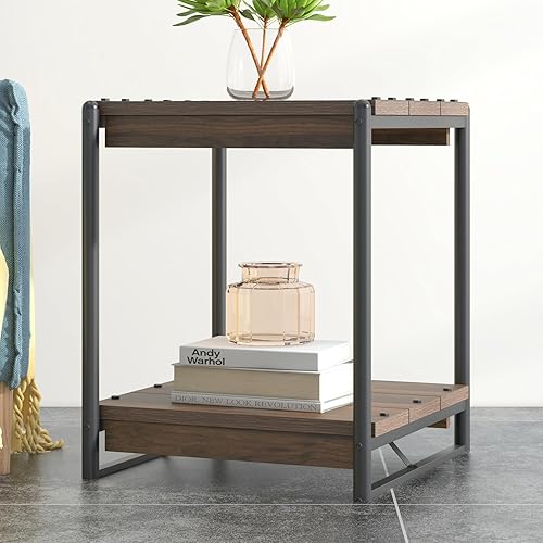 Miniatura 10 de Mesa auxiliar, mesa auxiliar cuadrada moderna industrial, mesita de noche de madera con marco de metal de 2 niveles, mesas auxiliares, muebles para