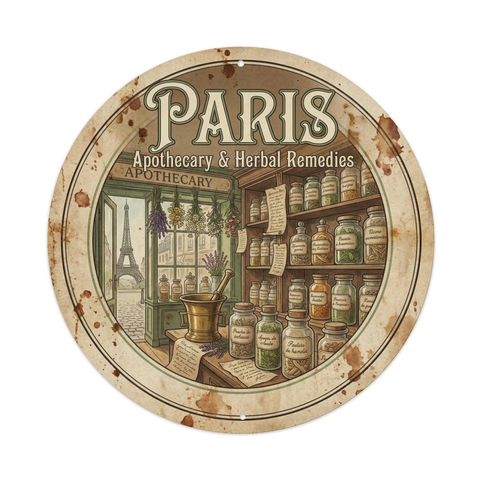 Olhnbad Style Paris Apothecary Herbal Remedies Craft Culture Travel Metal Tin Sign