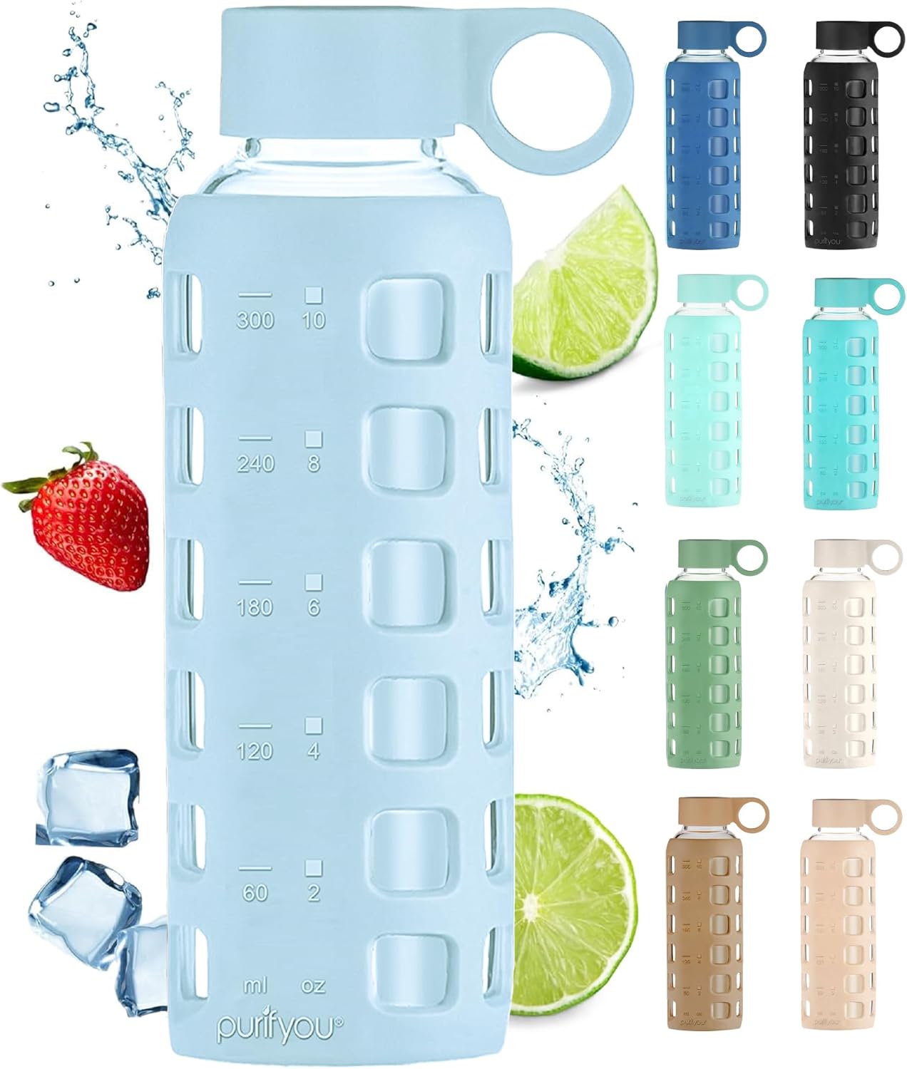 purifyou 40oz / 32oz / 22oz / 12oz Borosilicate Glass Water Bottle with Time & Volume Markers, Silicone Sleeve, Stainless Steel Lid | Reusable Glass Bottle for Water & Juice (12oz Ice Blue)