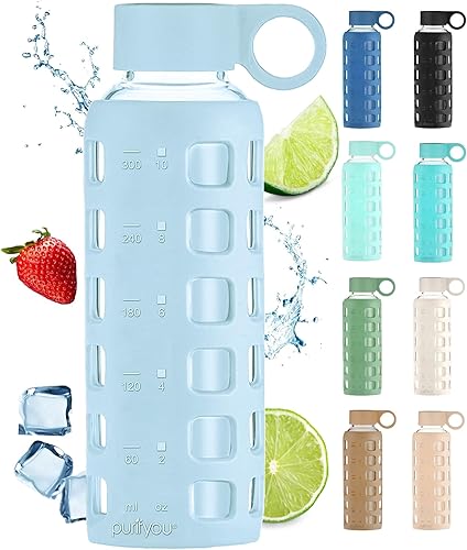 purifyou Botella de agua de vidrio de borosilicato de 40 onzas, 32 onzas, 22 onzas, 12 onzas, con marcadores de tiempo y volumen, funda de silicona,