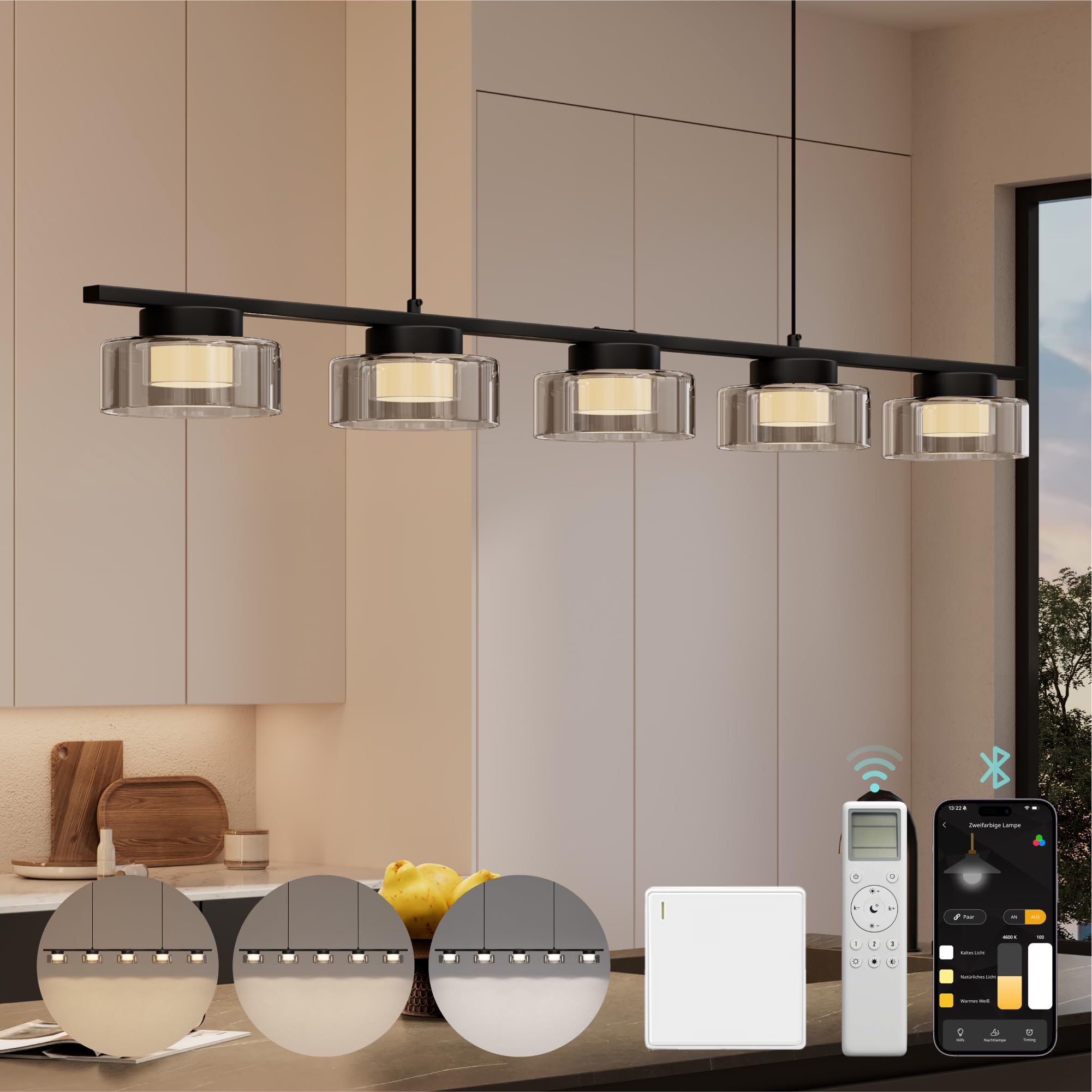 Mai & Mai Pendant Ceiling Lights-118.5cm 15W LED Pendant Light, Dimmable Hanging Lights with Remote & APP, Adjustable Height, 3000K/4200K/6000K for Dining Room & Kitchen Island Alivetta7915