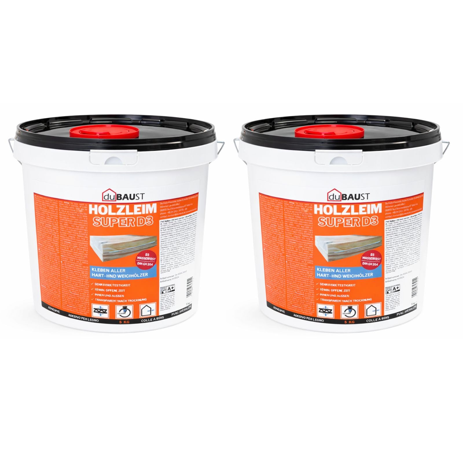 2x dubaust WOD24 Schnelltrocknender D3 Holzleim, wasserfest, für Hartholz und Weichholz, weiss - nach dem Aushärten transparent (5Kg Eimer)
