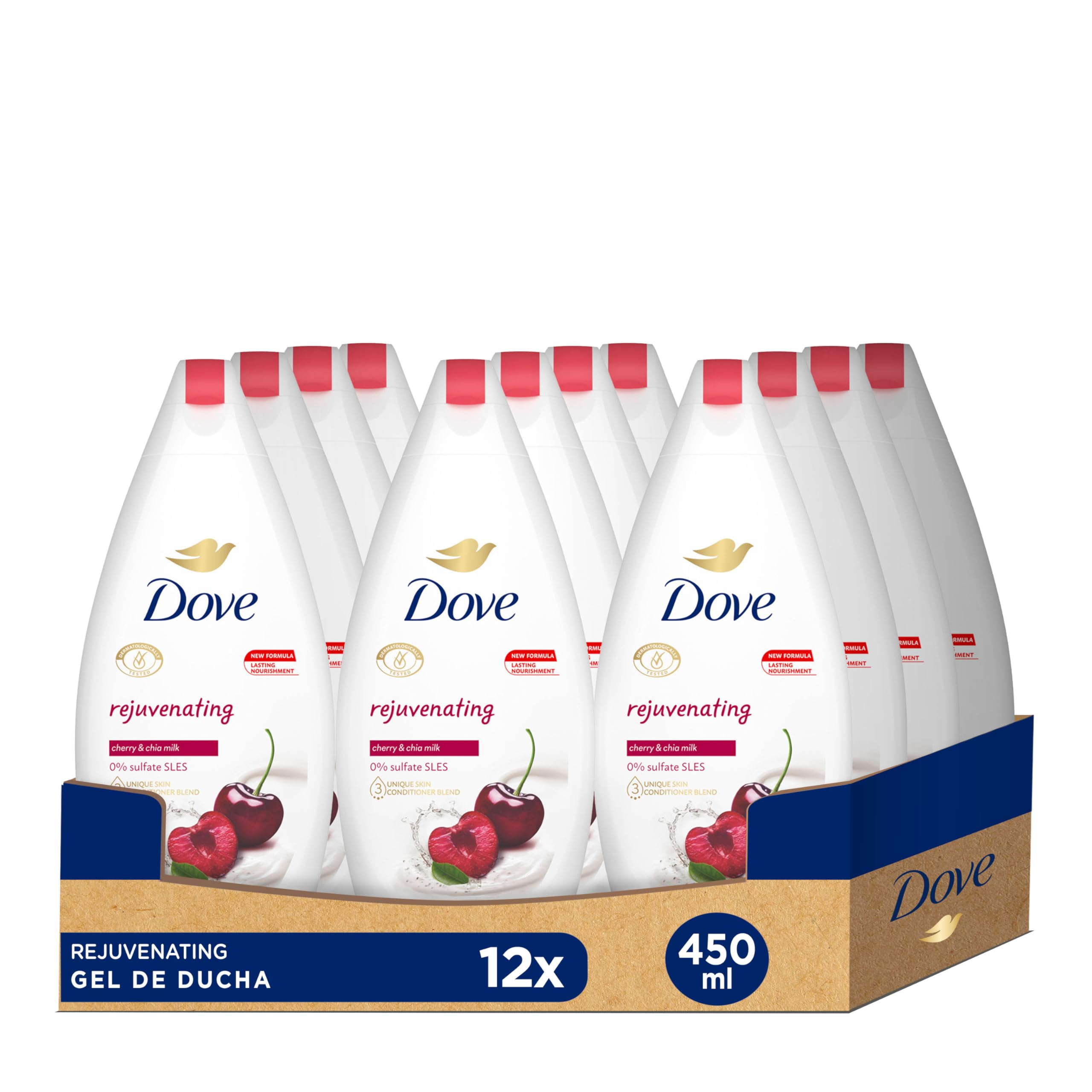 Dove Gel de Ducha Rejuvenecedor de Cereza con una mezcla única de 3 hidratantes botella 450ml, Pack de 12 Unidades