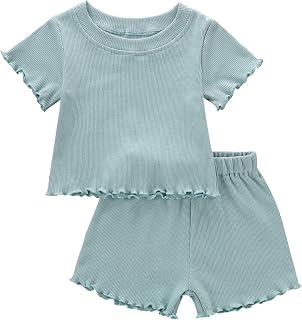 Toddler Girl Clothes Summer Outfit Short Sleeve Shorts Set 12M-5T | Soft ribbed knit toddler girl outfit with breathable fabric, ruffle top, comfy shorts and stretchy fit for summer daily wear.