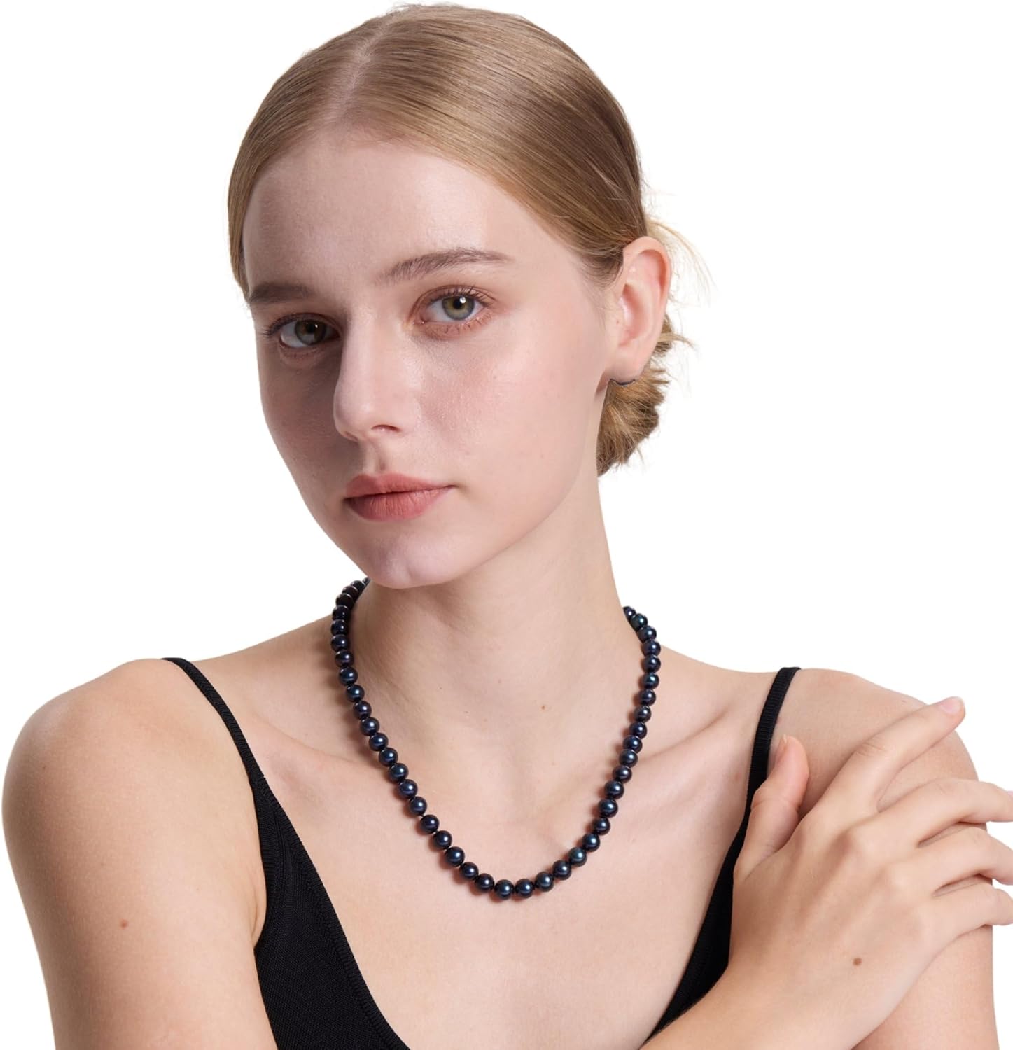II ROUND PEARL II Real Black Pearl Necklace for Women Pearl Jewelry for Men Sterling Silver Genuine Cultured Freshwater Wedding Anniversary Birthday Gift Strand