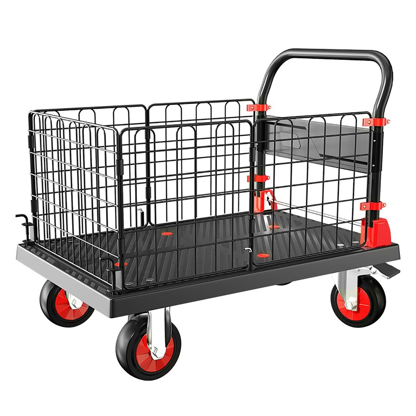 LKLNKVL Handcart, With Cage, with Brake Wheels, Removable Fence, Suitable for Moving Luggage/Plants/Footballs(Black,Medium)
