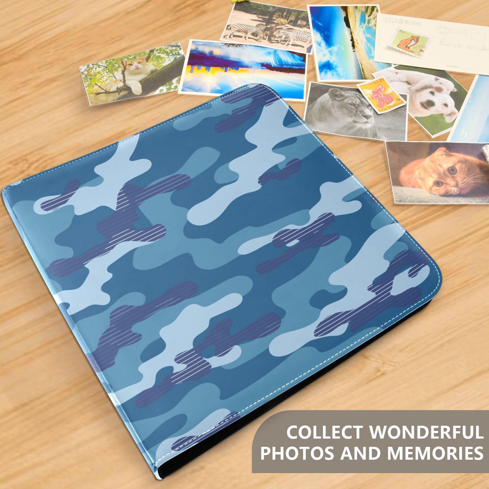 Álbum de fotos, páginas autoadhesivas, estanterías, álbumes de fotos, álbumes familiares para fotos, 4 x 6 pulgadas, camuflaje azul