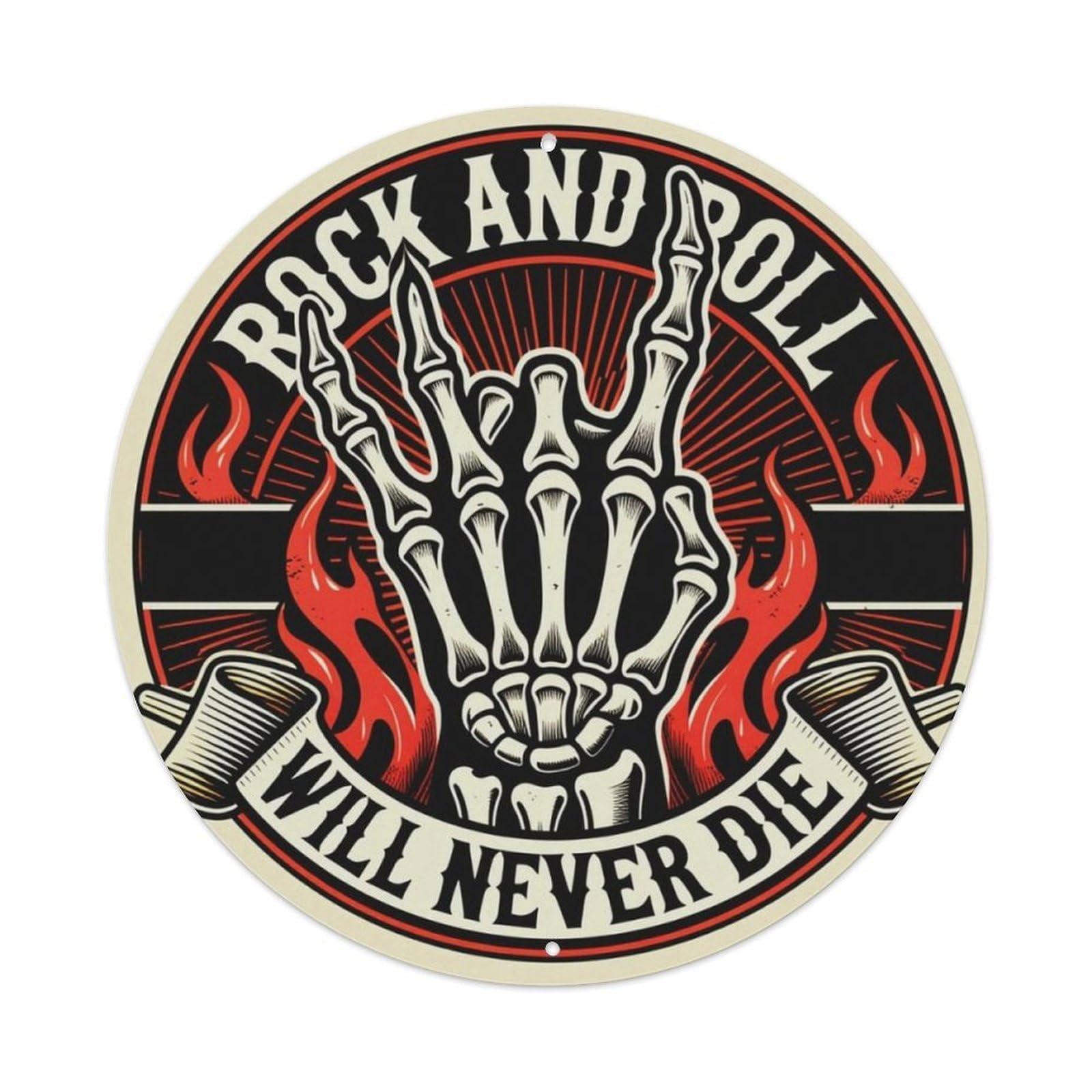 Vintage Rock And Roll Skeleton Hand Round Decor Sign Vintage Aluminium Metal Sign, Retro Wall Decor for Home, Bar, Garage & Farmhouse 20x20cm