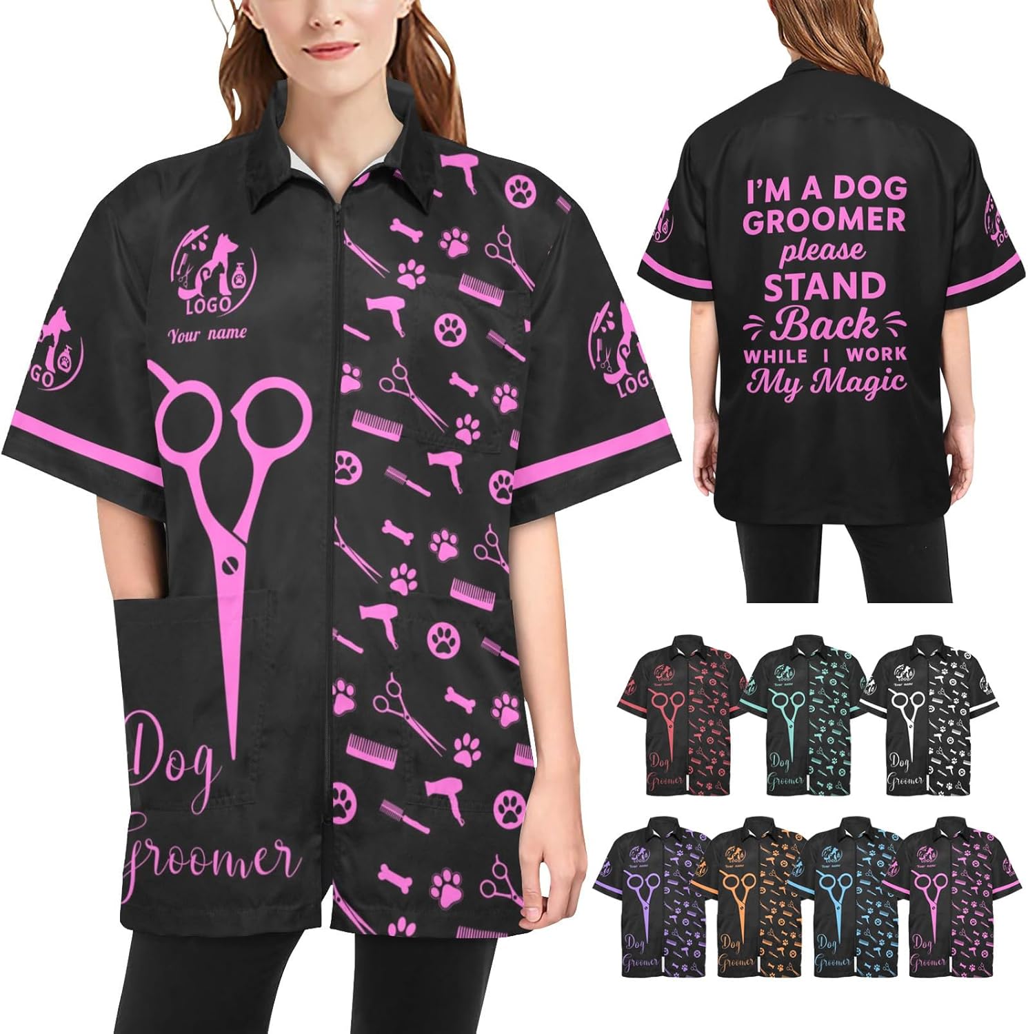 Cowcute Personalized Pet Grooming Smocks with Logo & Name, Custom Dog Groomer Jackets Waterproof Workwear for Pet Salon