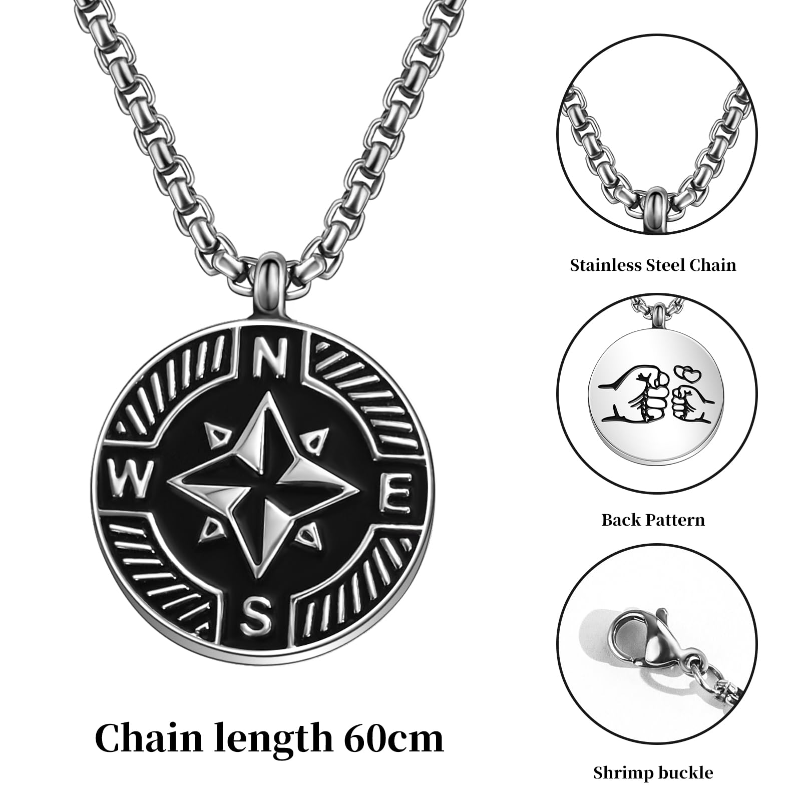 YELUWA Collar de acero inoxidable forjado con brújula para hombre, negro y plata